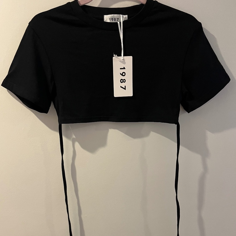 1987 Label,  Black Cropped Tee with Ties, New with Tags, Size Small